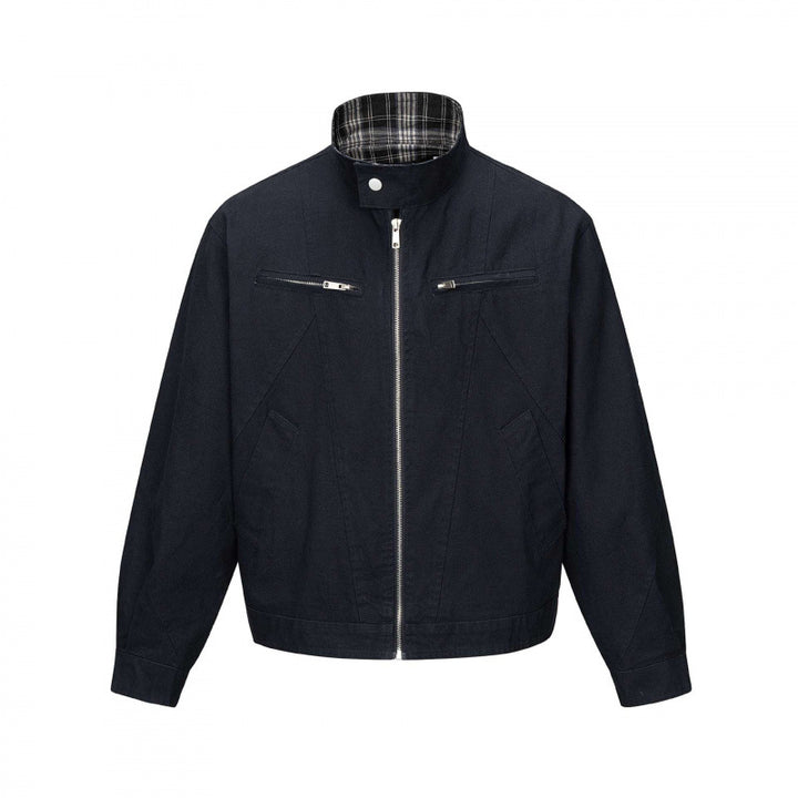 Herren Kurz geschnittene Canvas-Blousonjacke mit Stehkragen, Reißverschlusstaschen und kariertem Futter Drune