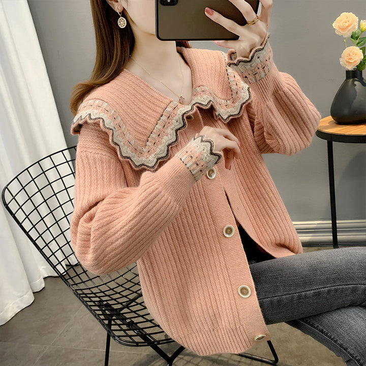 Damen Strickjacke mit kontrastierendem Kragen und Knopfdetails Drune