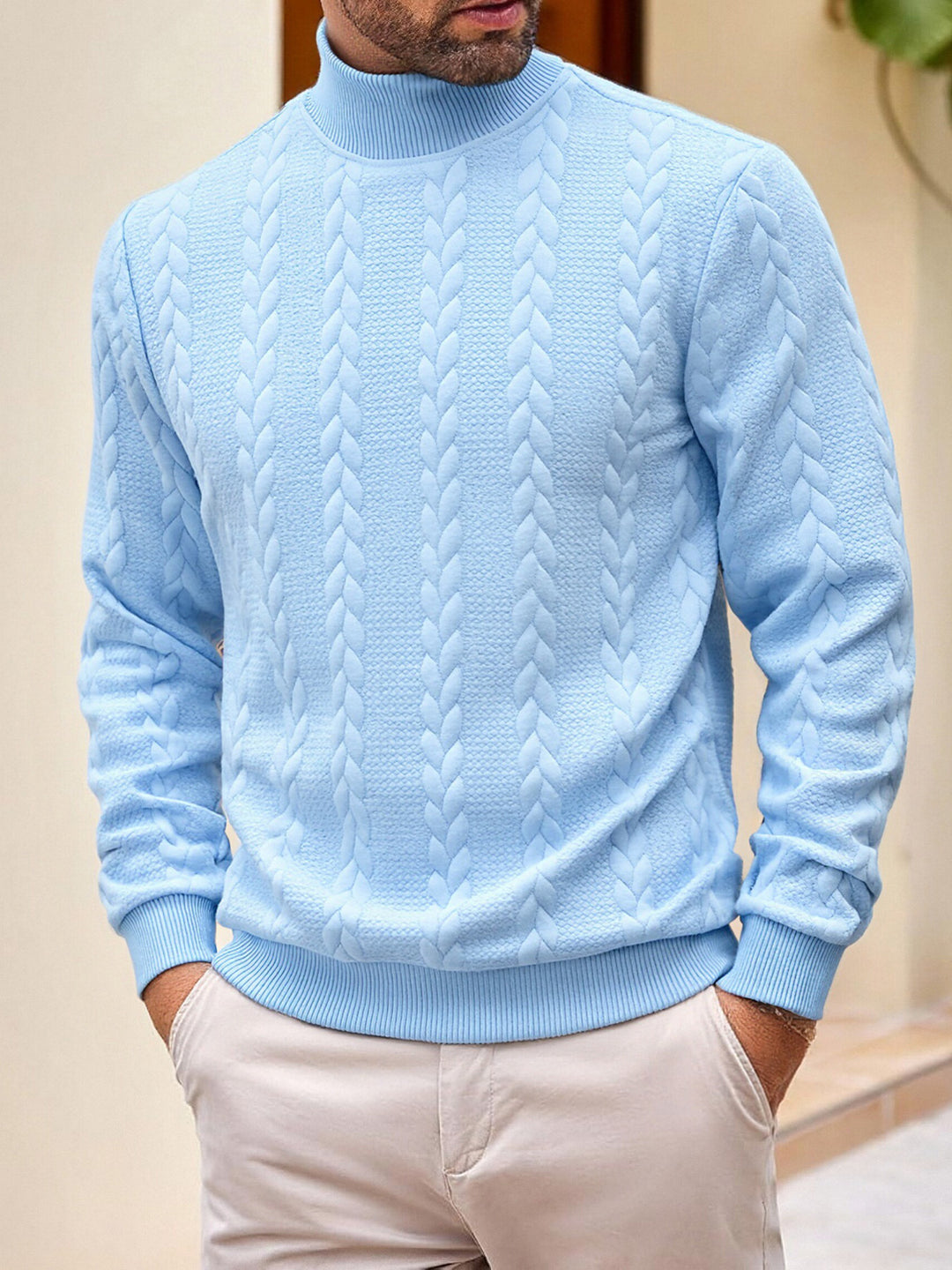 Herren grobgestrickter Zopfstrickpullover mit halbem Stehkragen und elastischen Rippbündchen Drune