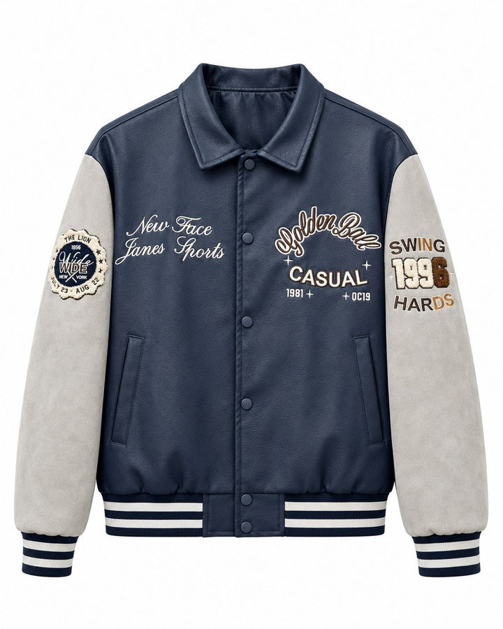 Herren Varsity-Lederoptik Collegejacke mit Kontrastärmeln, gestickten Patches und geripptem Saum Drune