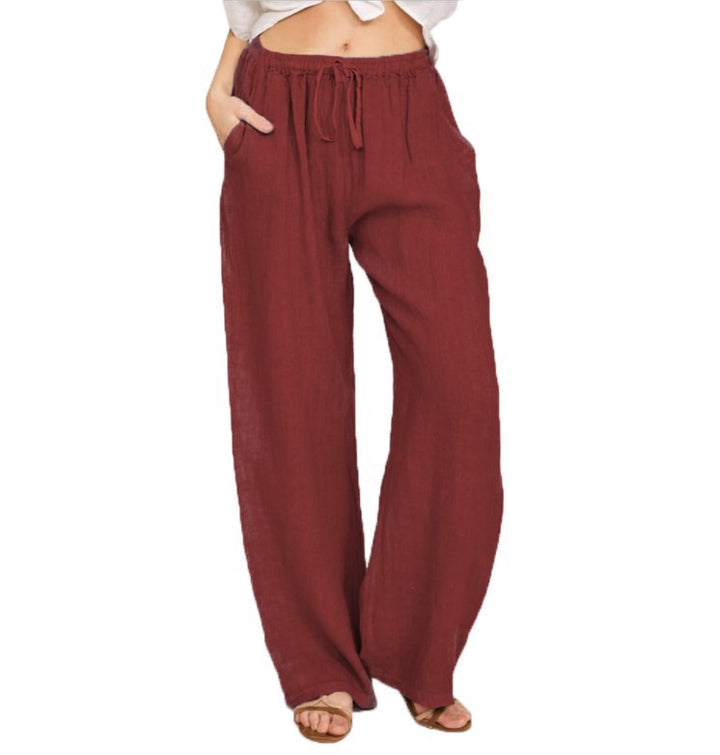 Damen luftige Palazzo-Hose mit Tunnelzugbund, elastischem Taillenabschluss und seitlichen Eingrifftaschen Drune
