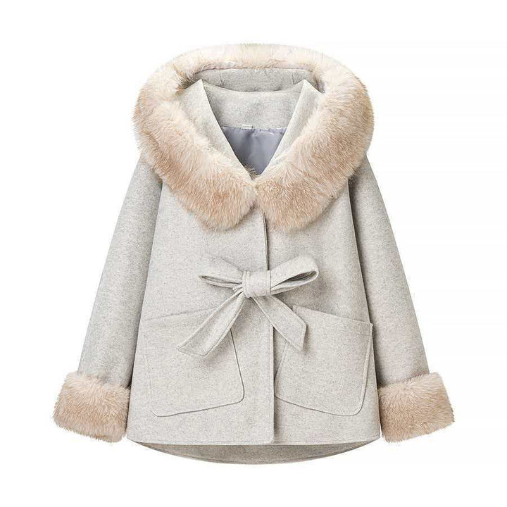 Damen Stilvolle Wolljacke mit abnehmbarer Kapuze und Teddyfutter Drune