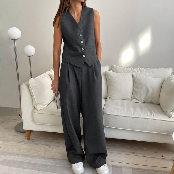 Damen elegantes, tailliertes Anzug-Set mit ärmellosem Blazer und weitem Hosen Drune