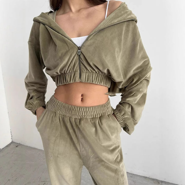 Damen luxuriöser Samt-Trainingsanzug mit geraffter Bomberjacke und High-Waist Jogginghose Drune