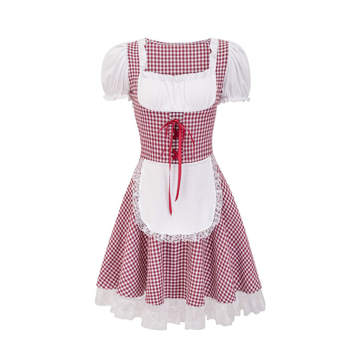 Damen nan Trachtenkleid im Vichy-Stil mit Puffärmeln, Schnürkorsett und Spitzenschürze Drune