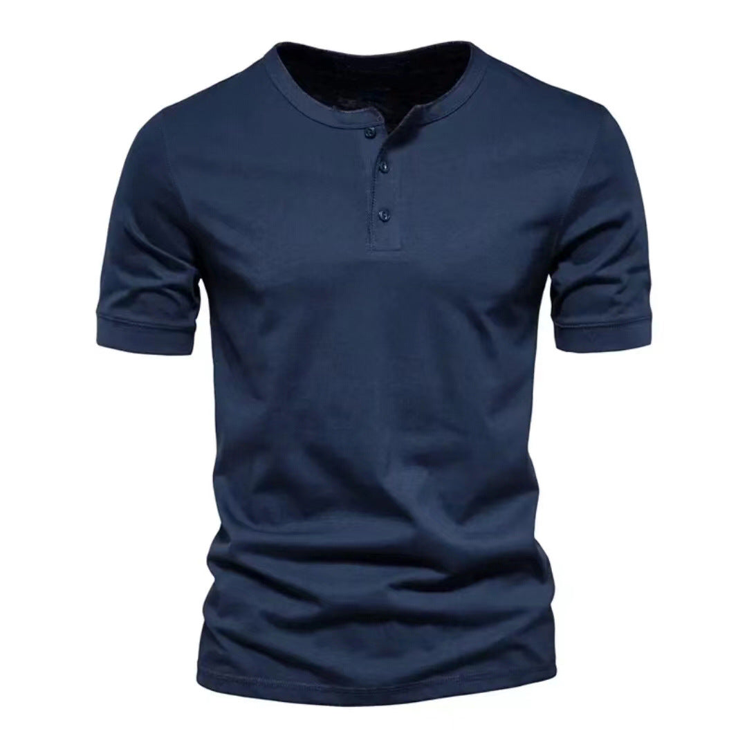 Herren nan tailliertes Kurzarm-Henleyshirt aus Baumwollmix mit Knopfleiste Drune