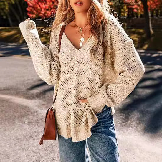 Damen Leicht gestrickter V-Ausschnitt Pullover mit lässigem Schnitt Drune