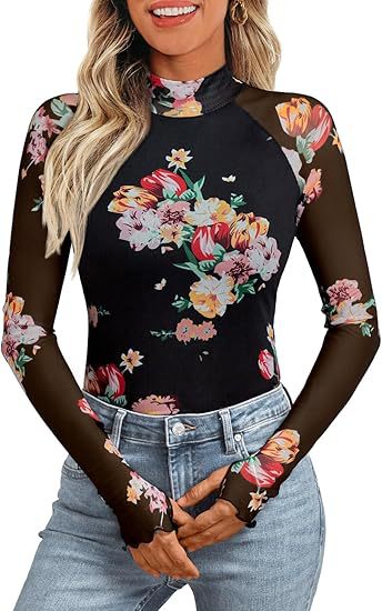 Damen Transparentes Mesh-Longsleeve mit Blumenprint und Stehkragen Drune
