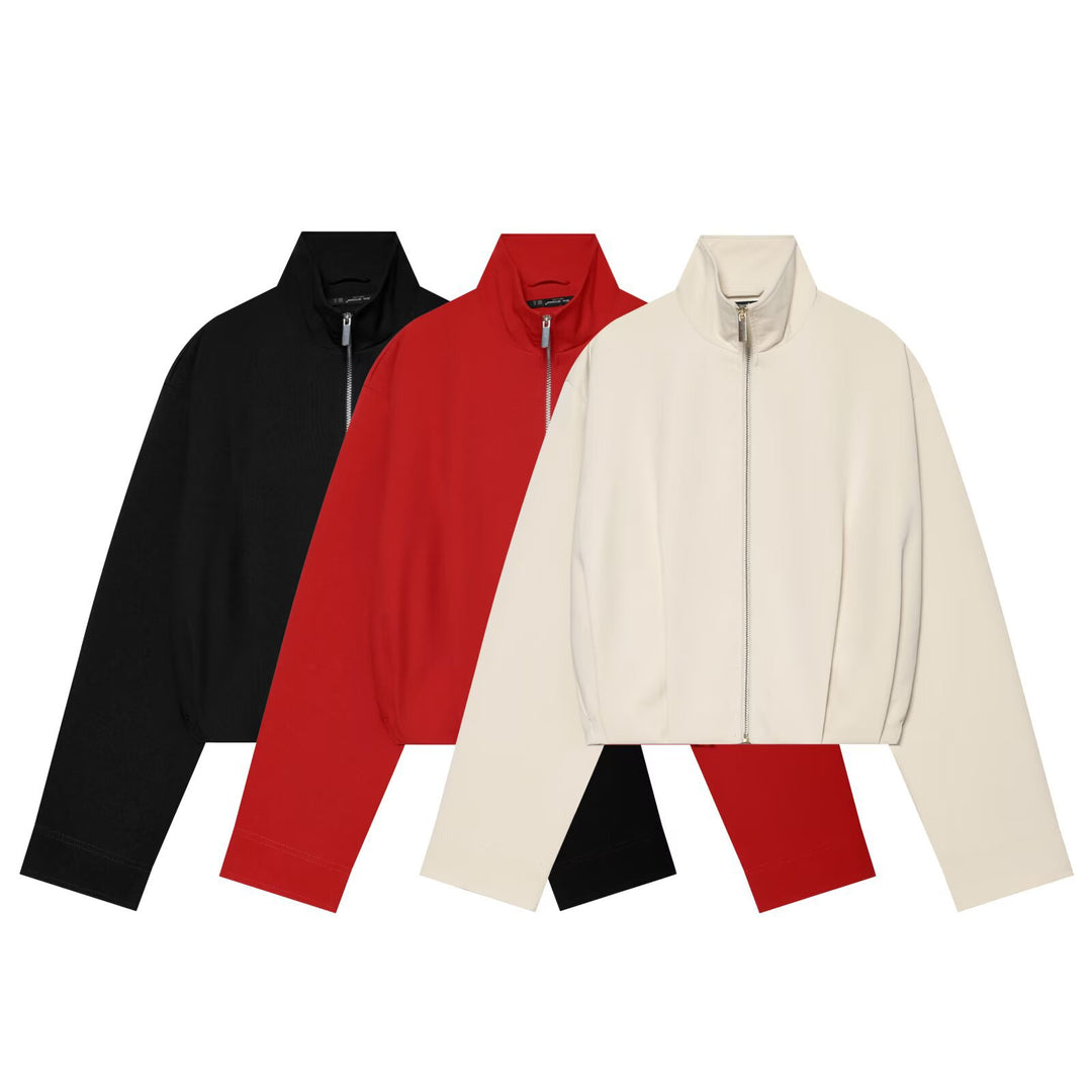 Damen Cropped Blousonjacke mit hohem Stehkragen, kastiger Silhouette und durchgehendem Metallreißverschluss Drune