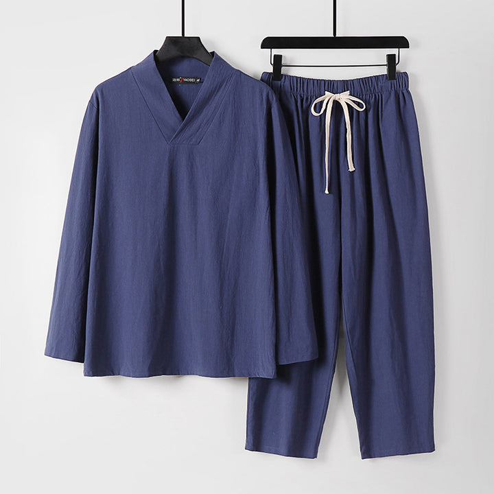 Herren Leichtes, weites Loungewear-Set mit V-Ausschnitt und Kordelbund Drune