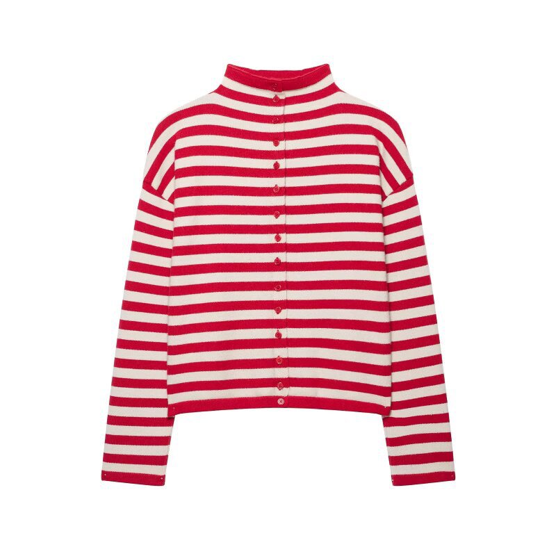 Damen gestreifter Feinstrick-Cardigan mit Stehkragen und durchgehender Knopfleiste Drune