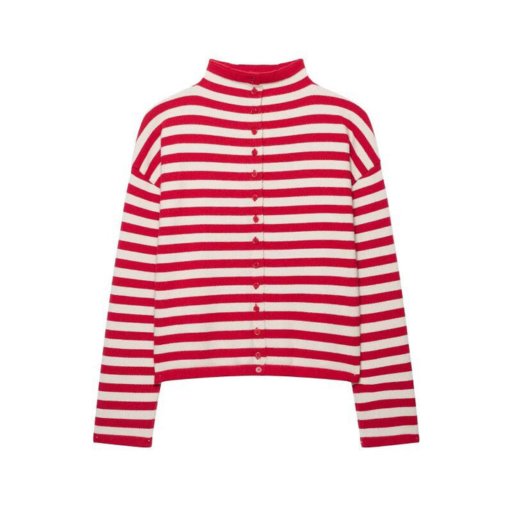 Damen gestreifter Feinstrick-Cardigan mit Stehkragen und durchgehender Knopfleiste Drune
