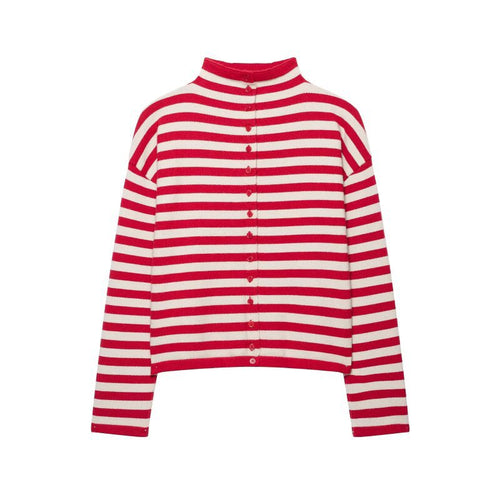 Damen gestreifter Feinstrick-Cardigan mit Stehkragen und durchgehender Knopfleiste Drune