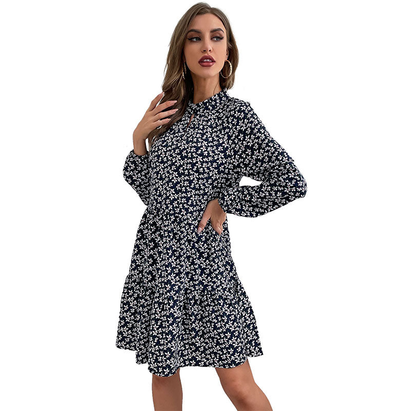 Damen Gestuftes Minikleid mit Stehkragen, Blumenprint und taillierter A‑Linie Drune