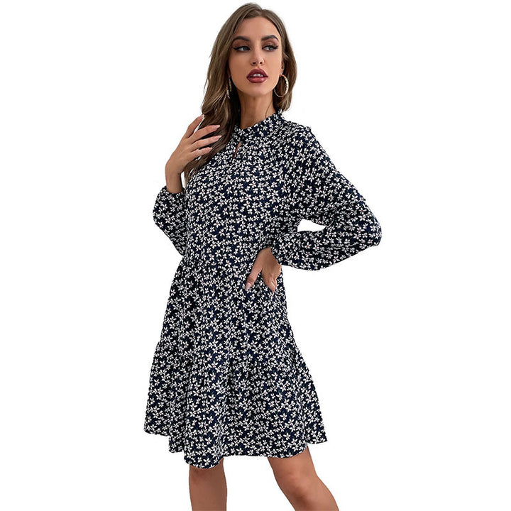 Damen Gestuftes Minikleid mit Stehkragen, Blumenprint und taillierter A‑Linie Drune