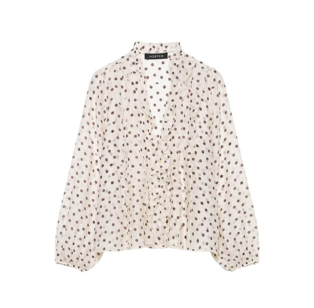 Damen Leichte Chiffon-Bluse mit Volantknopfleiste und Ballonärmeln Drune
