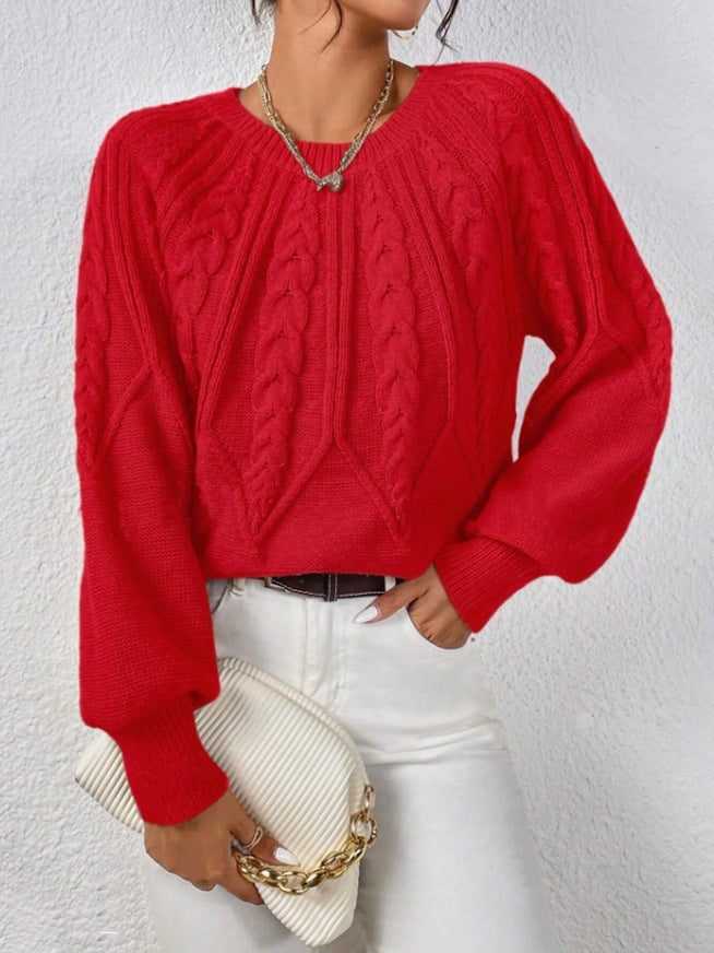 Damen nan kurzer Zopfmuster-Strickpullover mit Ballonärmeln und geripptem Saum Drune
