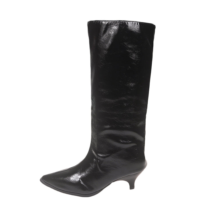 Damen Kniehohe Lackstiefel mit spitzer Zehenform und niedrigem Kitten‑Absatz Drune