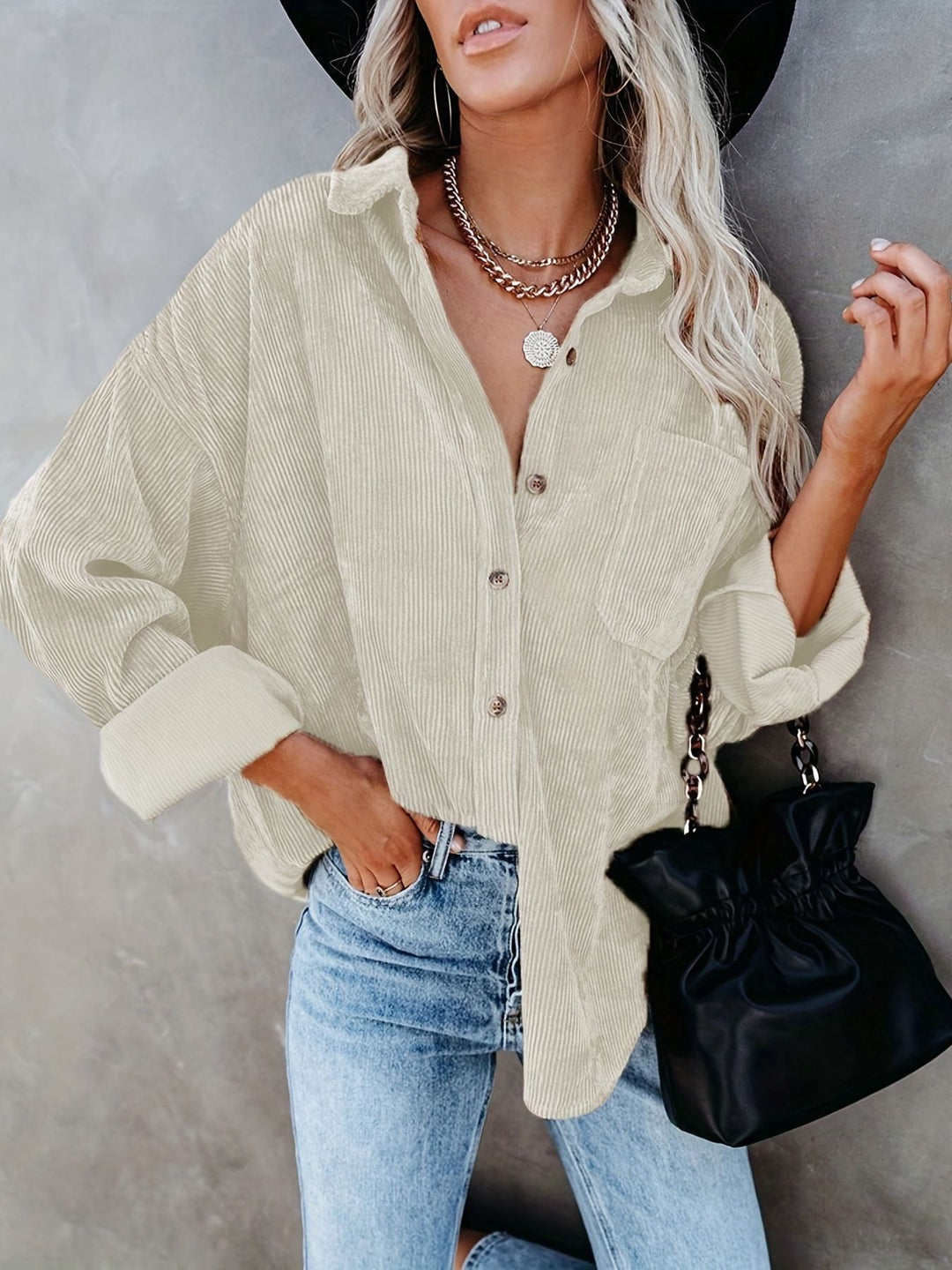 Damen Oversize Cordhemdjacke mit Brusttasche und durchgehender Knopfleiste Drune
