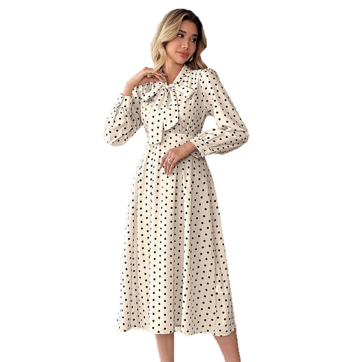 Damen Midi Kleid mit Schleifenkragen und Punkten Drune