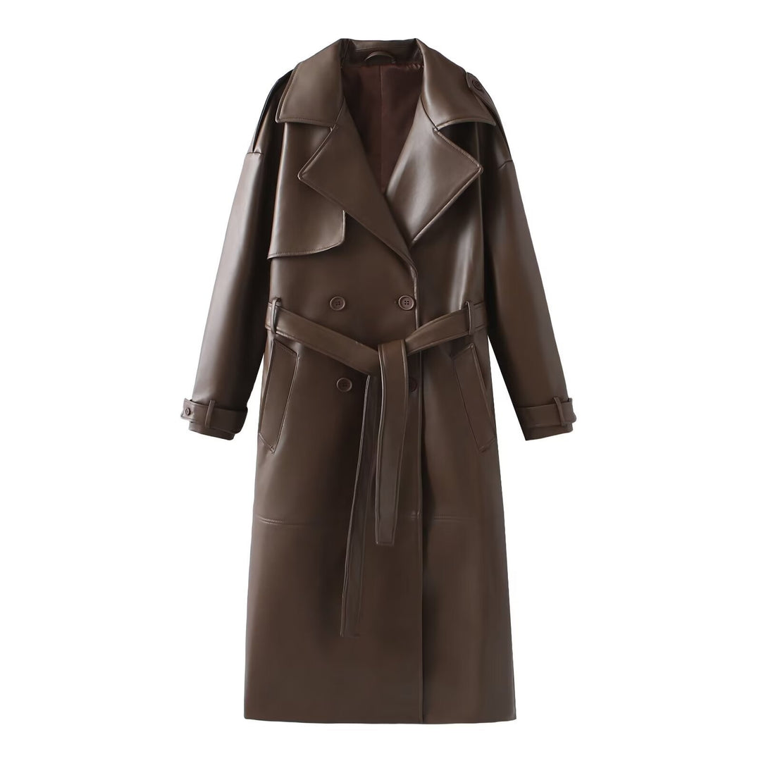 Damen Kunstleder-Trenchcoat mit elegantem Schnitt und taillierbarem Gürtel Drune