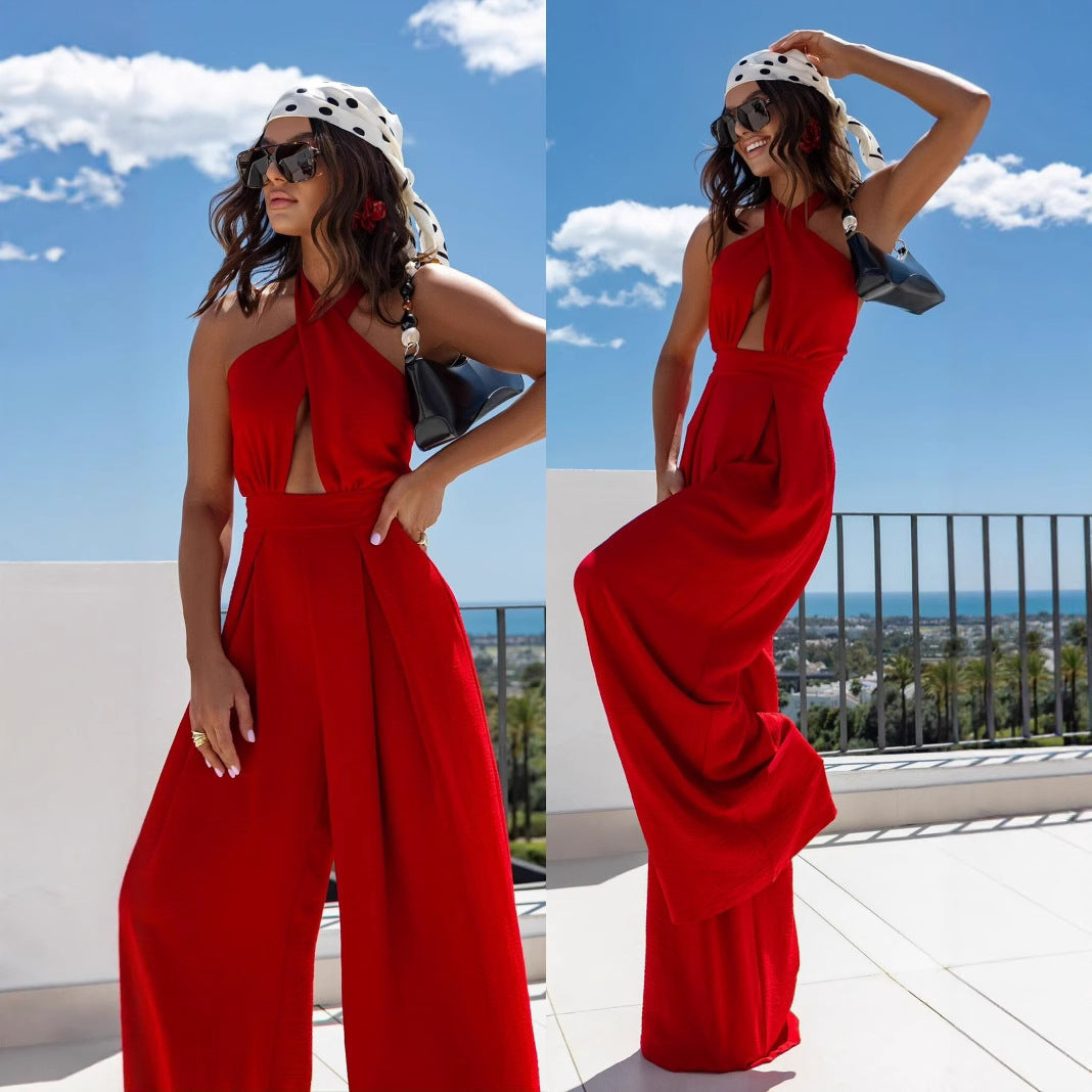 Damen Jumpsuit mit tiefem V-Ausschnitt und weiten Beinen Drune