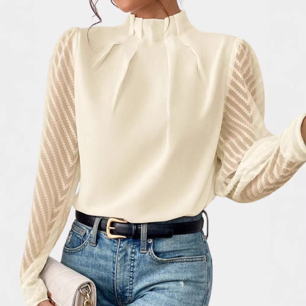 Damen Elegante Chiffonbluse mit Stehkragen, Faltenkante und transparenten Jacquard-Ärmeln Drune