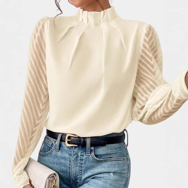 Damen Elegante Chiffonbluse mit Stehkragen, Faltenkante und transparenten Jacquard-Ärmeln Drune