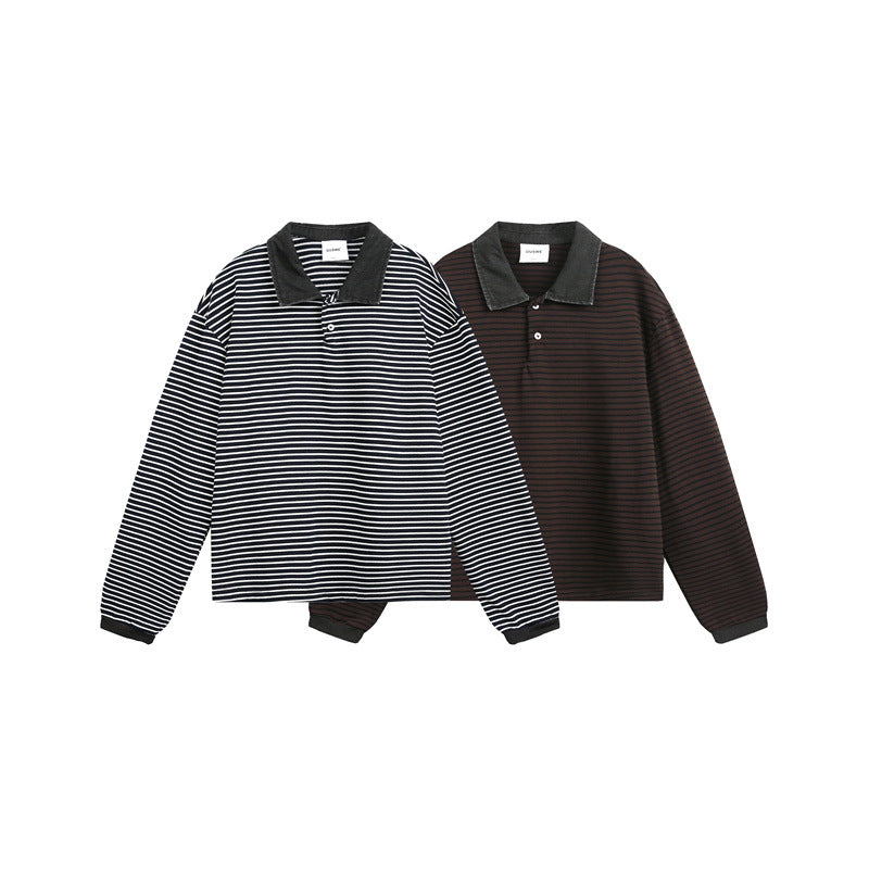 Unisex Relaxed-Rugby-Poloshirt mit Cordkragen und feinem Ringelstrick Drune