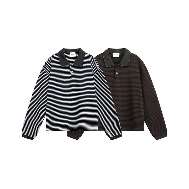 Unisex Relaxed-Rugby-Poloshirt mit Cordkragen und feinem Ringelstrick Drune