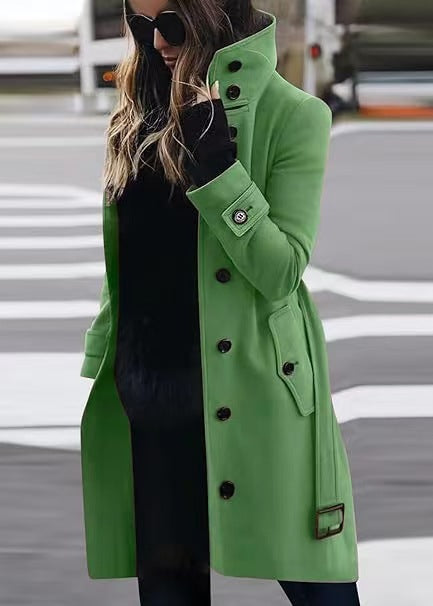 Damen Doppelreihiger Trenchcoat mit hohem Stehkragen, Taillengürtel und Manschetten-Detail Drune