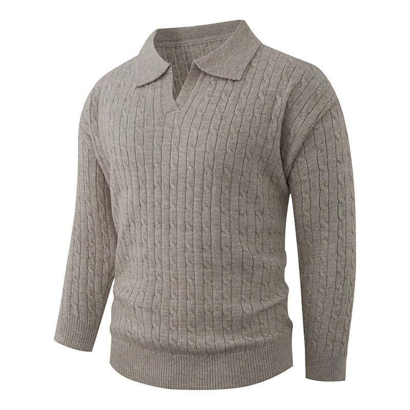 Herren Kabelstrick-Polo-Pullover mit V-Ausschnitt und Zopfmuster Drune