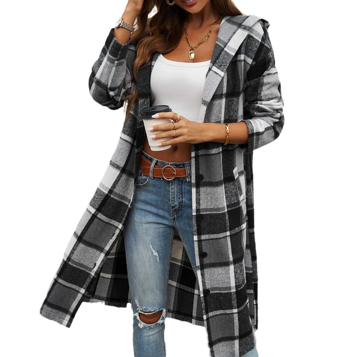 Damen nan lockeres Kapuzen-Hemdkleid mit karierter Flanelloptik, durchgehender Knopfleiste und hohem Beinschlitz Drune