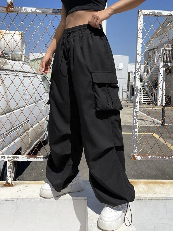 Damen nan weite Cargo-Hose mit Tunnelzugbund, Mehrfachtaschen und verstellbarem Saum Drune