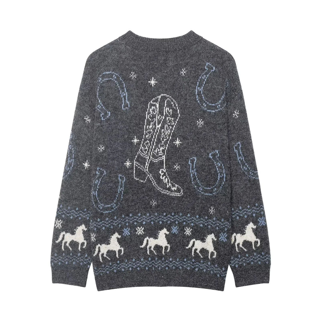 Damen nan Norweger-Strickcardigan mit Pferde- und Hufeisen‑Motiv und dekorativen Metallknöpfen Drune