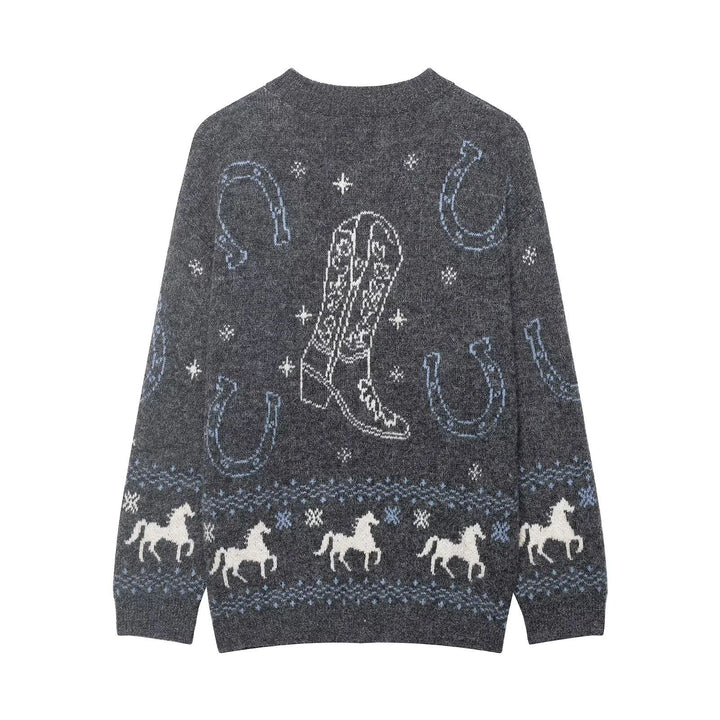 Damen nan Norweger-Strickcardigan mit Pferde- und Hufeisen‑Motiv und dekorativen Metallknöpfen Drune
