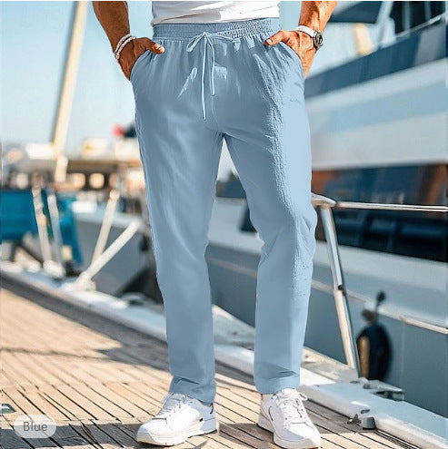 Herren lässige Leinenmisch-Joggerhose mit Kordelzug, angeschrägten Eingrifftaschen und schmalem Knöchelabschluss Drune