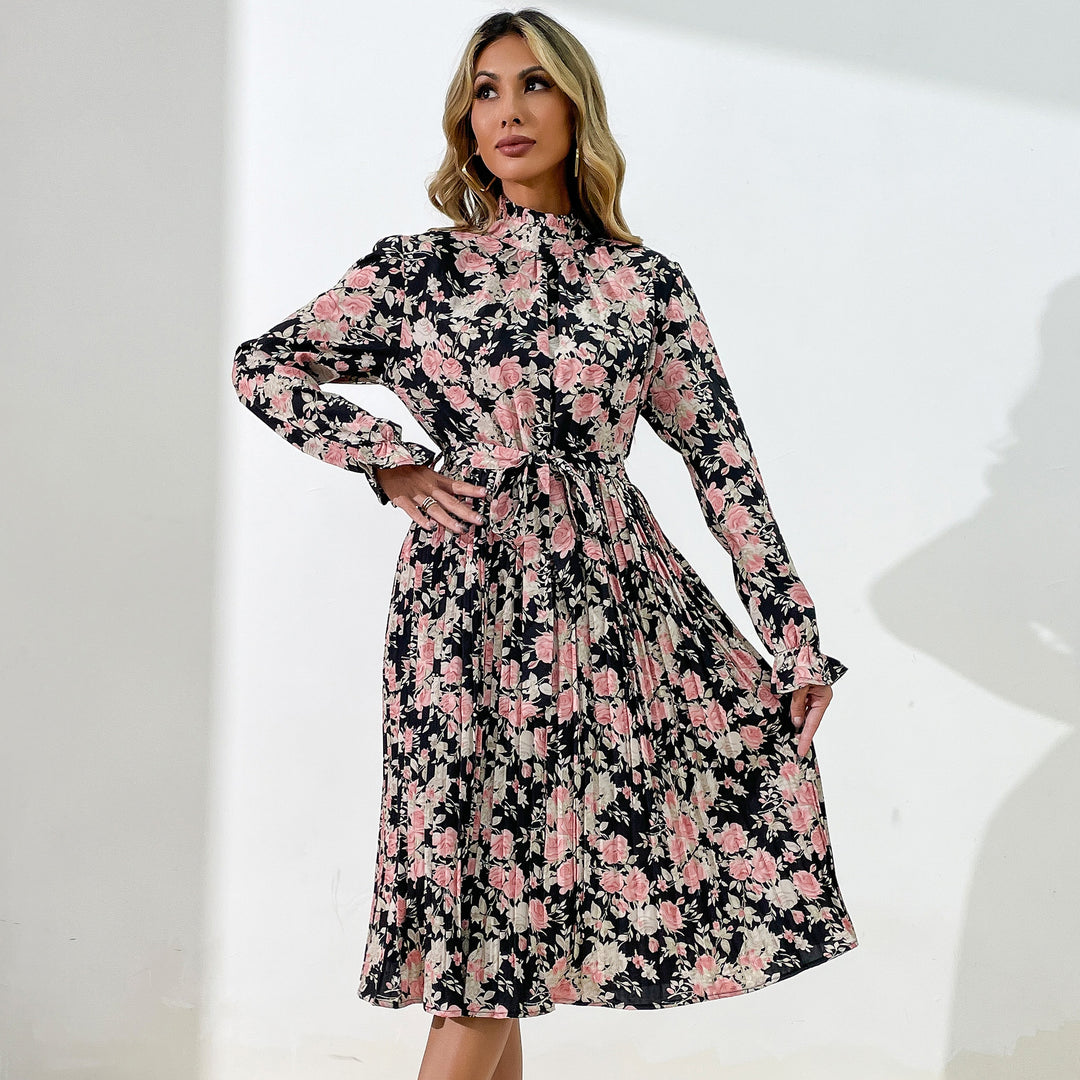 Damen Midikleid mit Blumenprint, Plissée‑Rock, Stehkragen und Bindegürtel Drune
