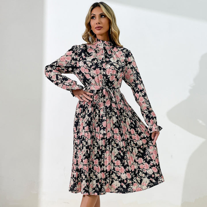 Damen Midikleid mit Blumenprint, Plissée‑Rock, Stehkragen und Bindegürtel Drune