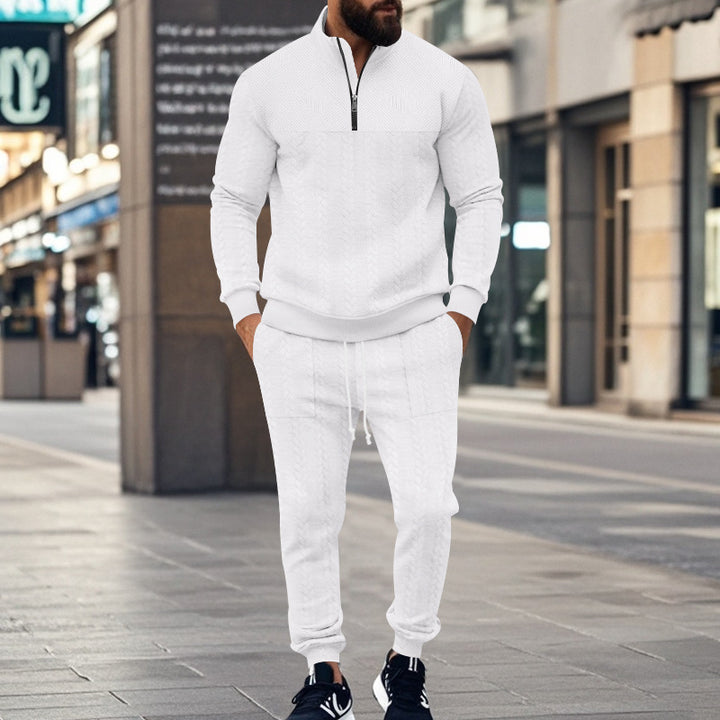 Herren nan Strick-Trainingsset mit halbem Reißverschluss, Zopfmuster-Pulli und Kordelzug-Jogger Drune