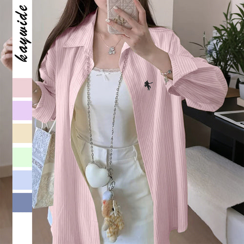 Damen nan oversized Hemd mit feiner Nadelstreifenstruktur, Kentkragen, abgerundetem Saum und geknöpften Manschetten Drune