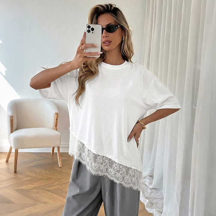 Damen Elegantes T-Shirt mit Spitzenrand Drune
