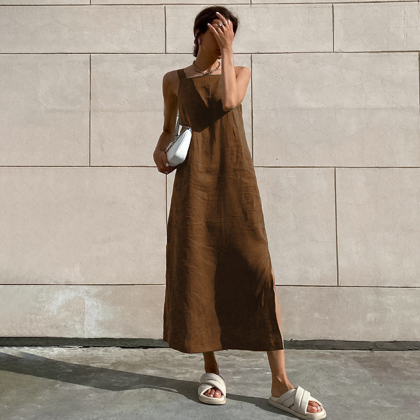 Damen Maxikleid aus hochwertigem Leinenstoff mit breiten Trägern und seitlichen Schlitzen Drune