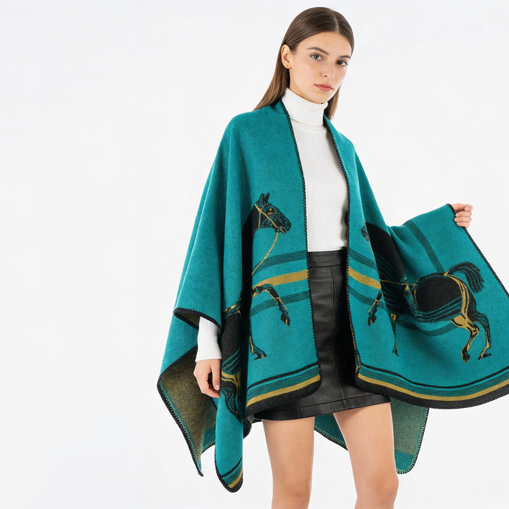 Damen Jacquard‑Poncho mit Pferdemotiv und weichem Wollmix Drune