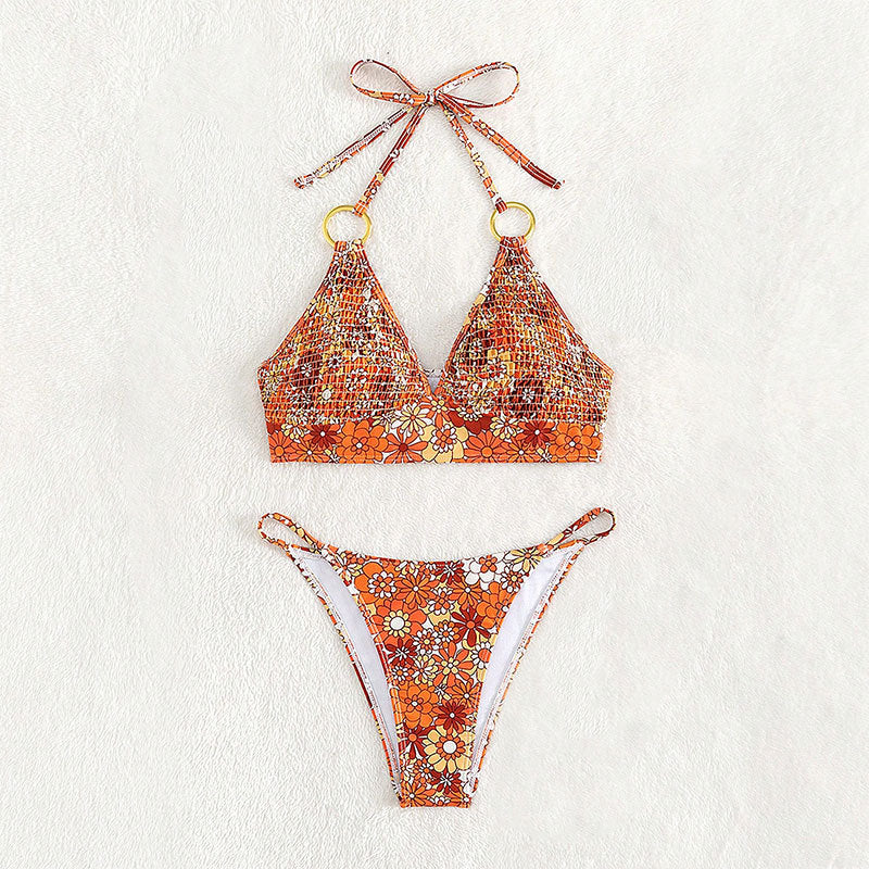 Damen Triangel-Bikini mit modischem Blütenmuster und eleganten Ringdetails Drune