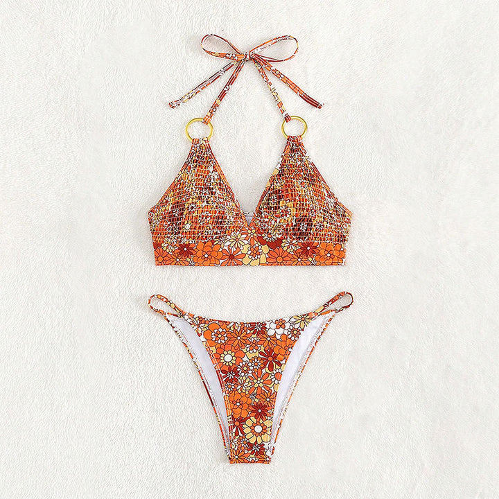 Damen Triangel-Bikini mit modischem Blütenmuster und eleganten Ringdetails Drune