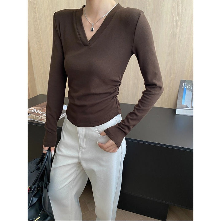 Damen figurbetontes Longsleeve-Oberteil mit tiefem V-Ausschnitt und Raffung Drune