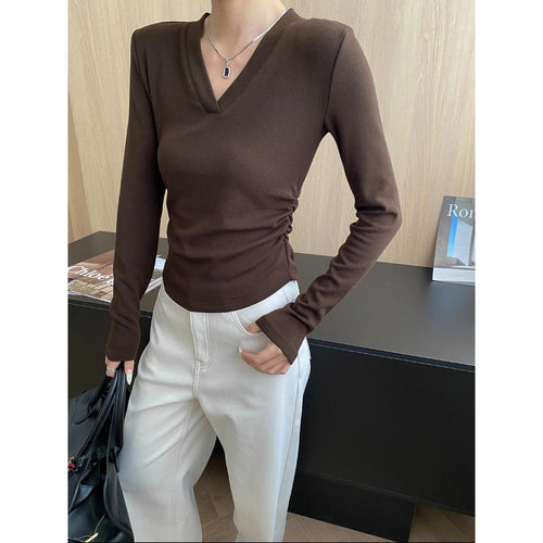 Damen figurbetontes Longsleeve-Oberteil mit tiefem V-Ausschnitt und Raffung Drune