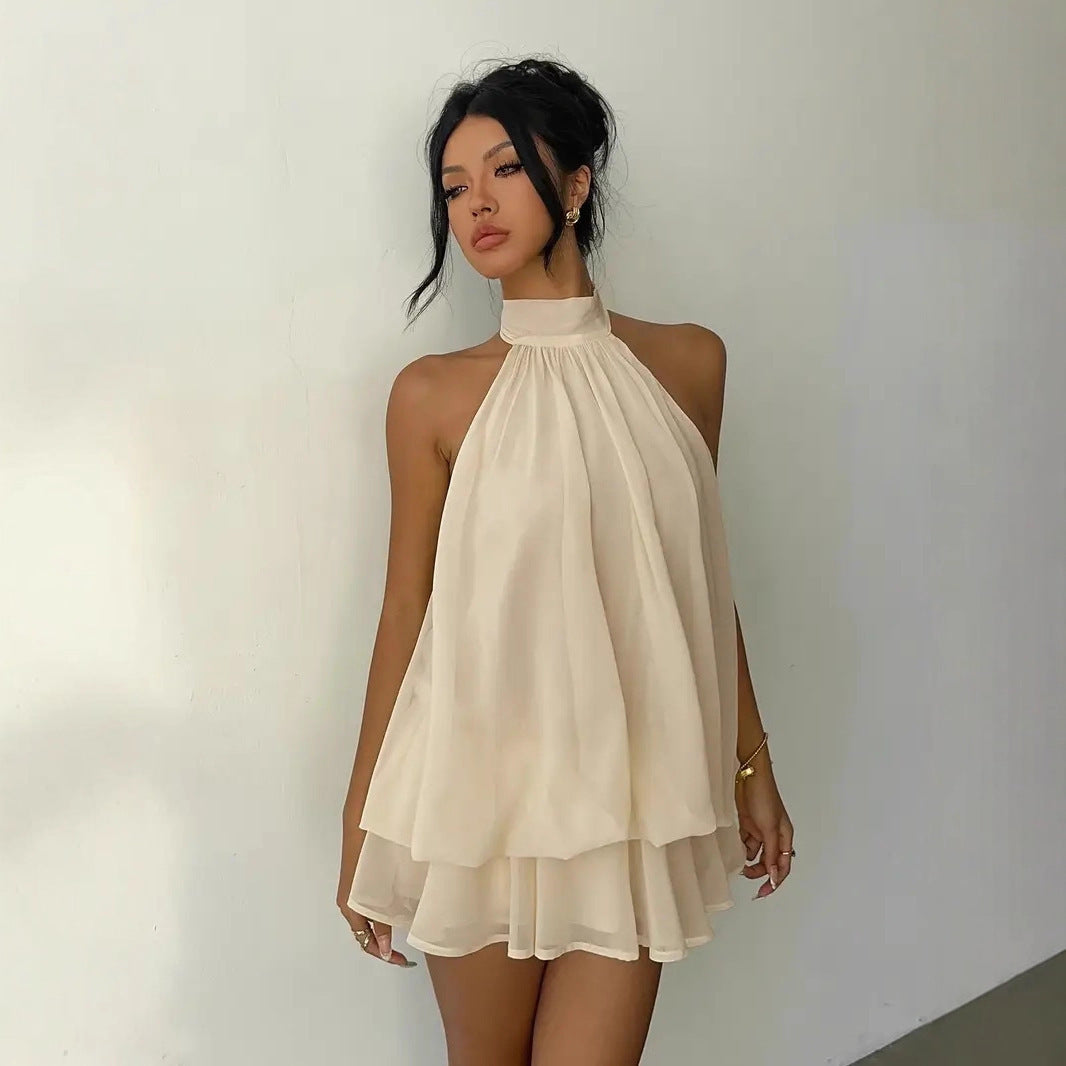 Damen lässiges Trägerkleid mit hochgeschlossenem Design und gerafftem Saum Drune