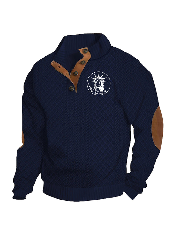 Herren nan Heritage-Strukturpullover mit Stehkragen Lederimitat-Besatz Ellenbogen-Patches und Halbknopfleiste Drune